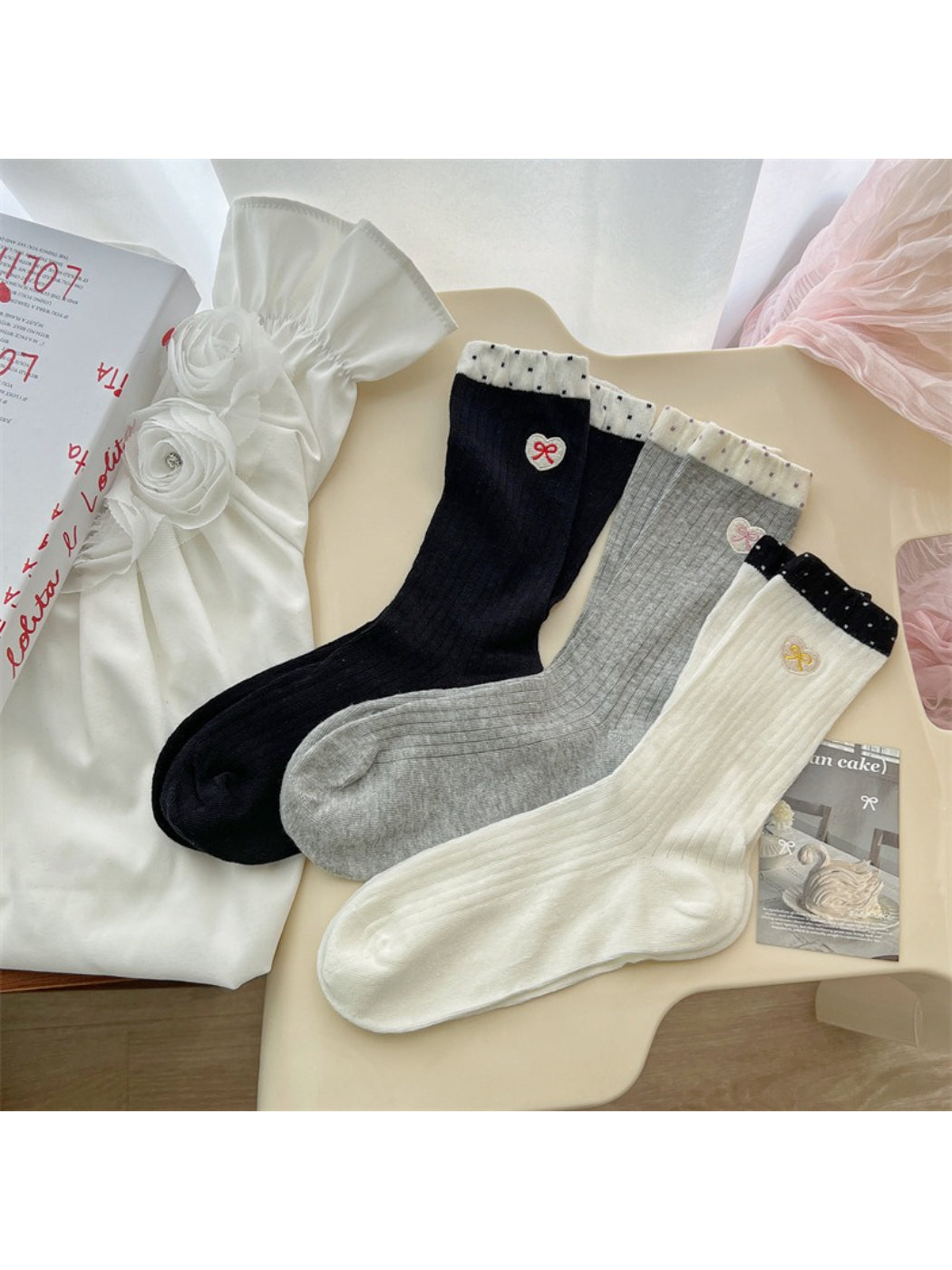 Rufia - Heart Bow Ribbed Crew Socks