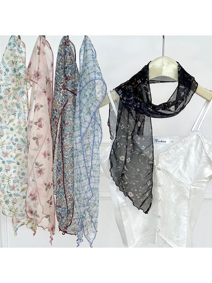Scarvii - Romantic Floral Printed Ruffled Trim Scarf