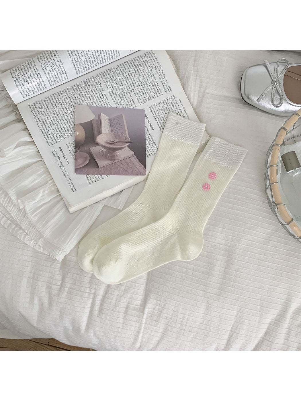 Rufia - Button Detail Ribbed Solid Color Crew Socks