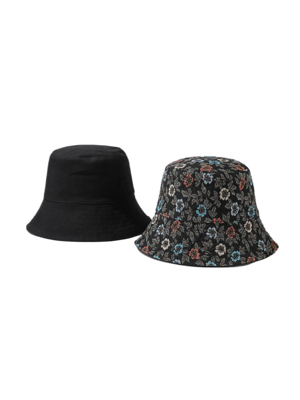 Side view of Haila reversible bucket hat showing floral design and brim