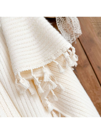 Scarvii - Beige Openwork Tassels Design Shawl