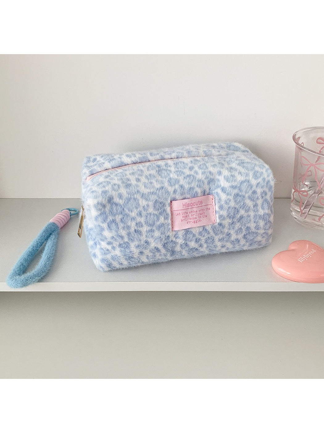 Cosbai - Plush Leopard Print Cosmetic Storage Bag