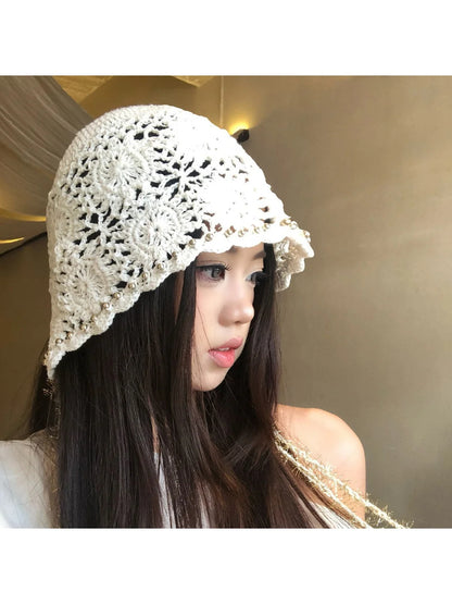 Haila - Openwork Crochet Bonnet with Beaded Trim