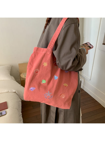 Cosbai - Denim Embroidery Tote Bag for Women