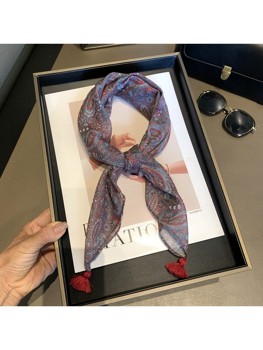 Scarvii - Paisley Print Tassel Accent Square Scarf