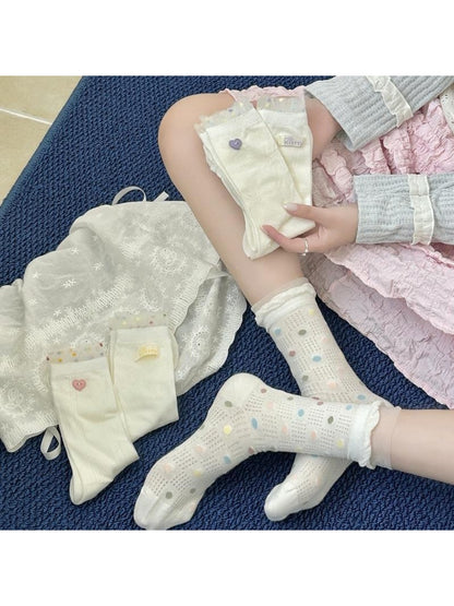 Rufia - Cute Dot Pattern White Crew Socks