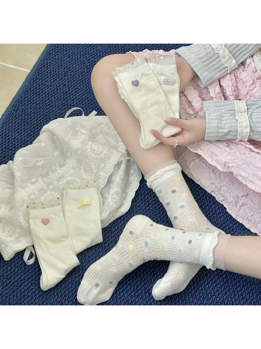 Rufia - Cute Dot Pattern White Crew Socks