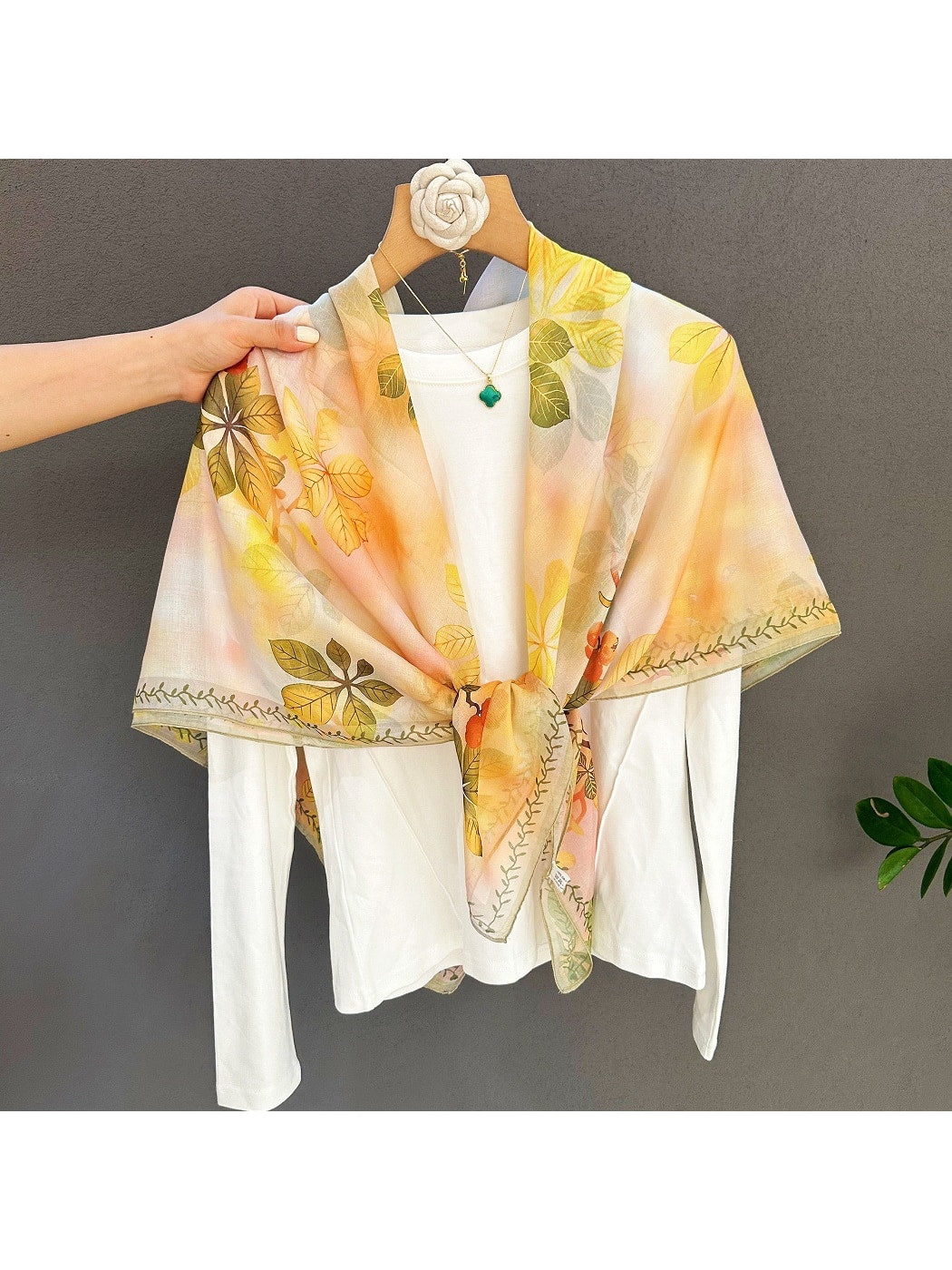 Scarvii - Gradient Yellow Botanical Print Square Scarf