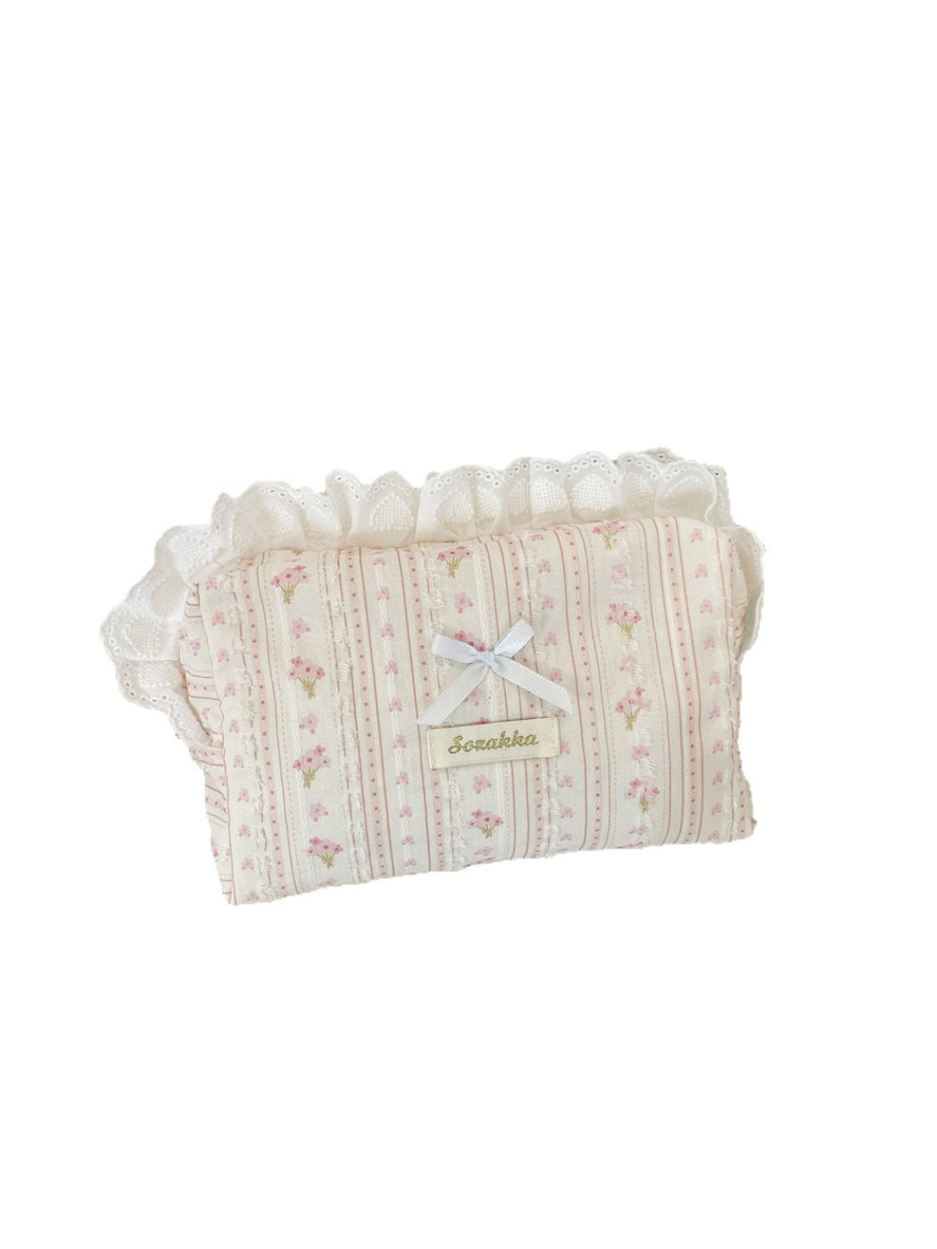 Cosbai - Floral Stripe Ruffle Trim Bow Pouch