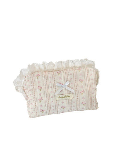 Cosbai - Floral Stripe Ruffle Trim Bow Pouch