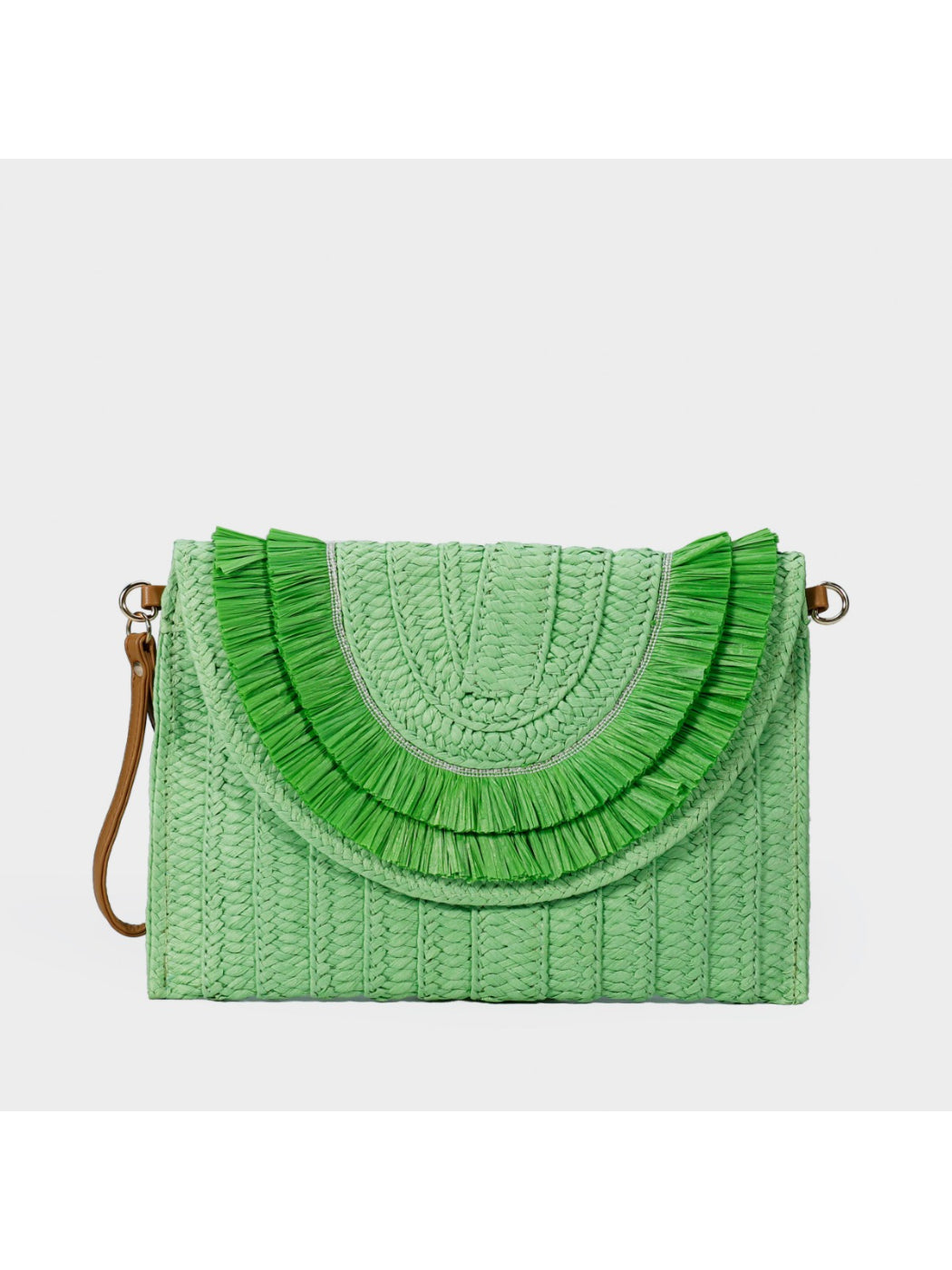 Cosbai clutch bag displayed on wooden surface highlighting woven pattern