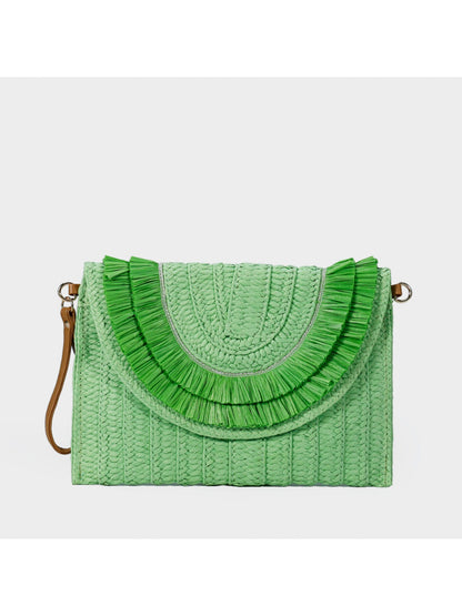 Cosbai clutch bag displayed on wooden surface highlighting woven pattern