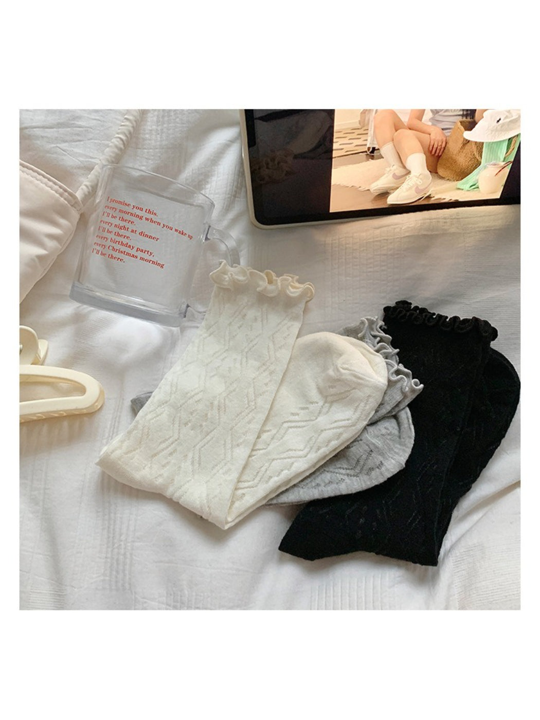 Rufia - Mesh Lace Ruffle Cuff Crew Socks