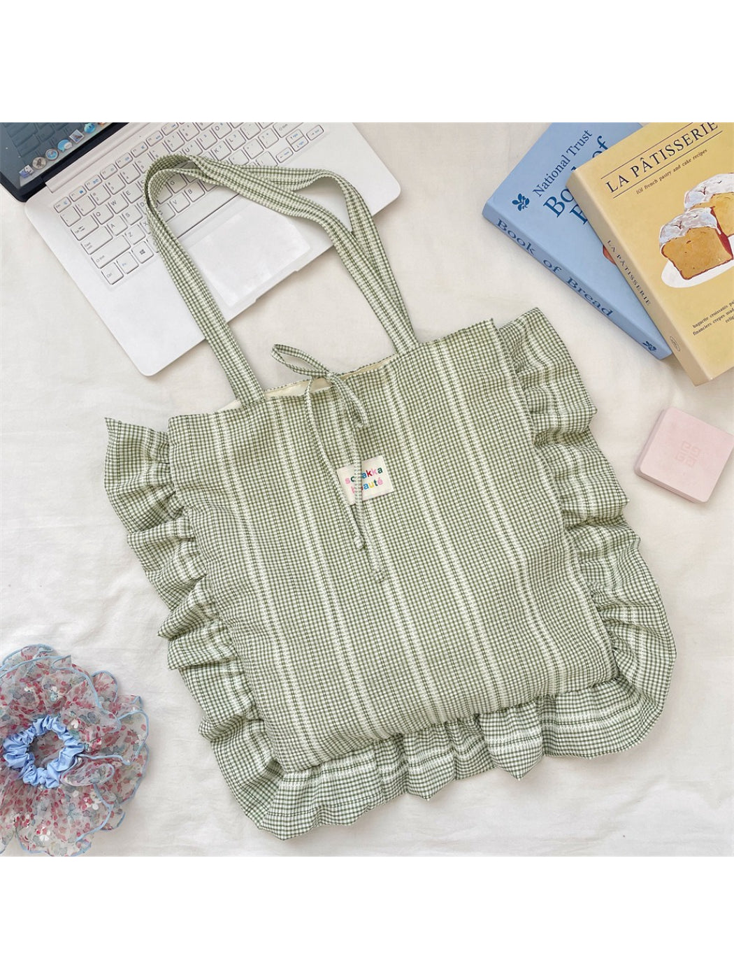 Cosbai pastel plaid shoulder tote bag displayed upright with visible plaid design