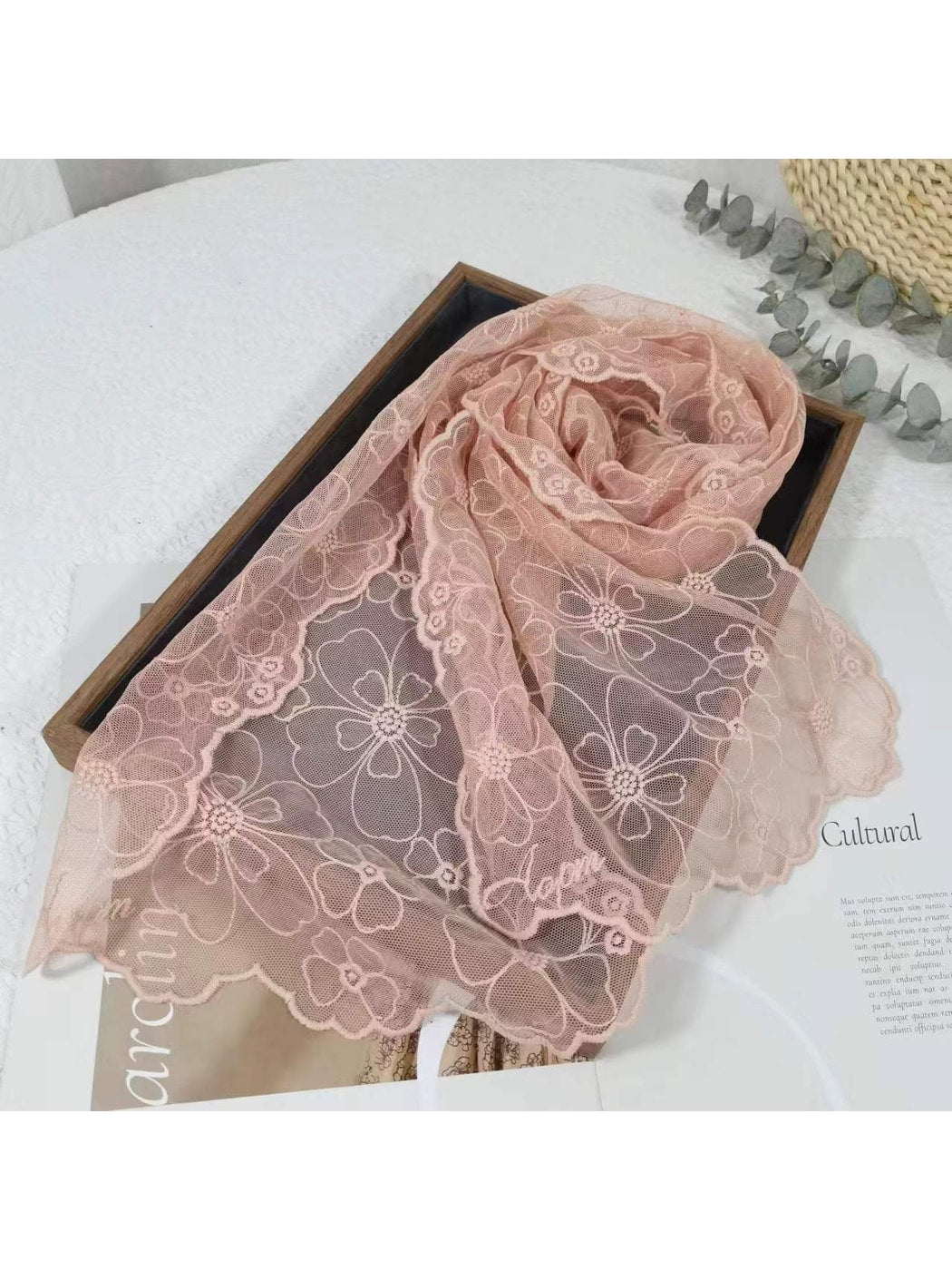 Scarvii - Solid Color Floral Lace Long Scarf