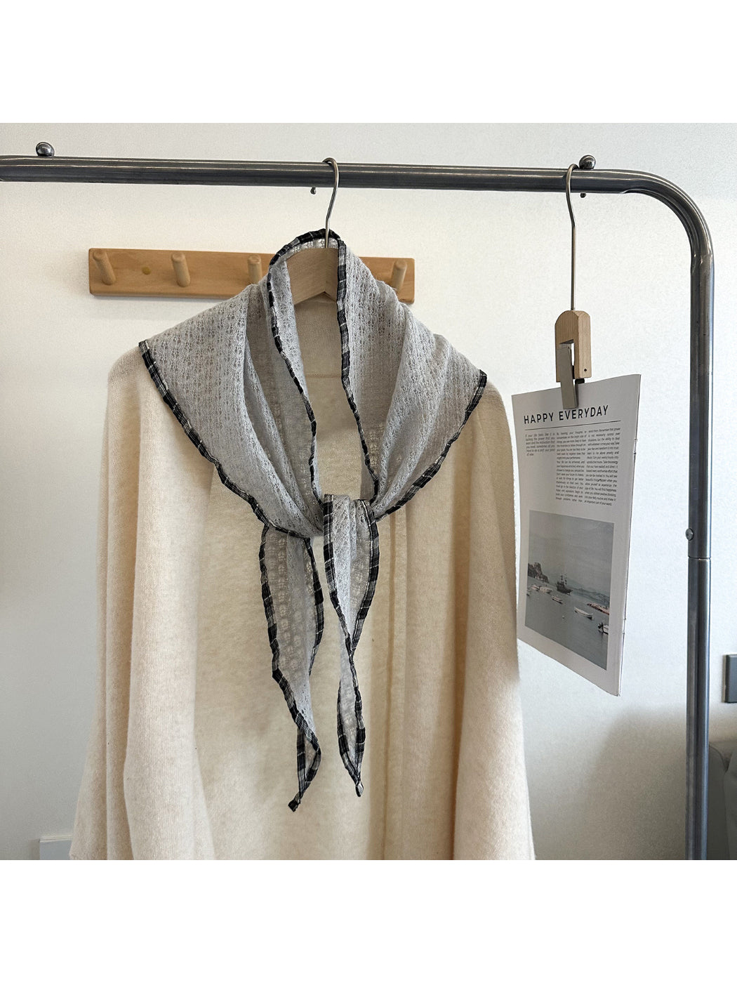 Scarvii - Open Knit Check Trim Triangle Scarf