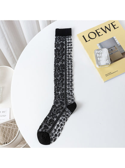 Detailed shot of floral lace design on Rufia knee high sock cuff