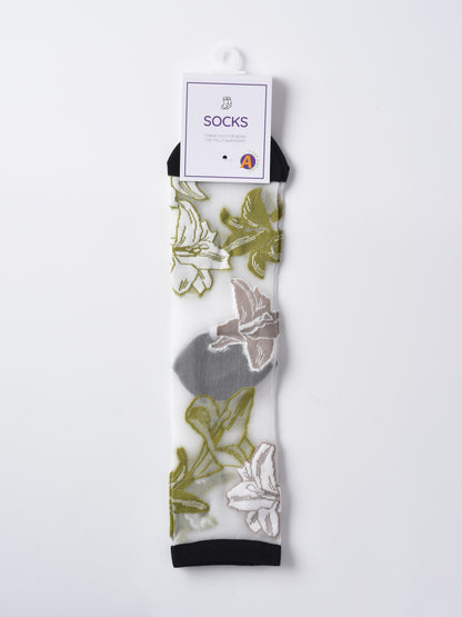 Rufia - Sheer Garden Flower Embroidered Crew Socks