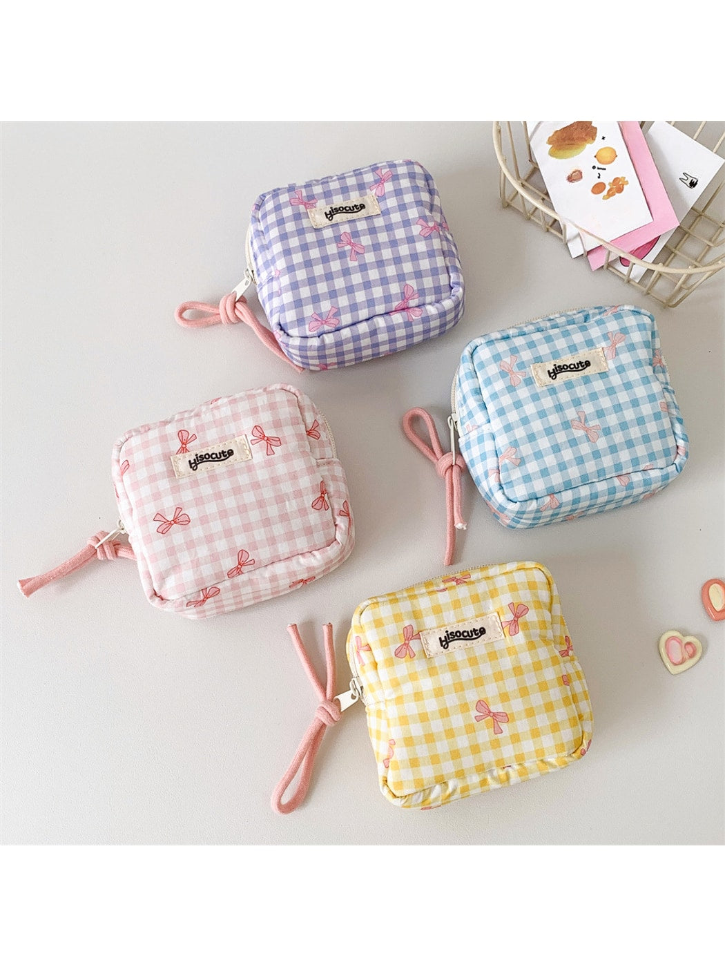 Cosbai - Small Plaid Makeup Pouch Square Bag