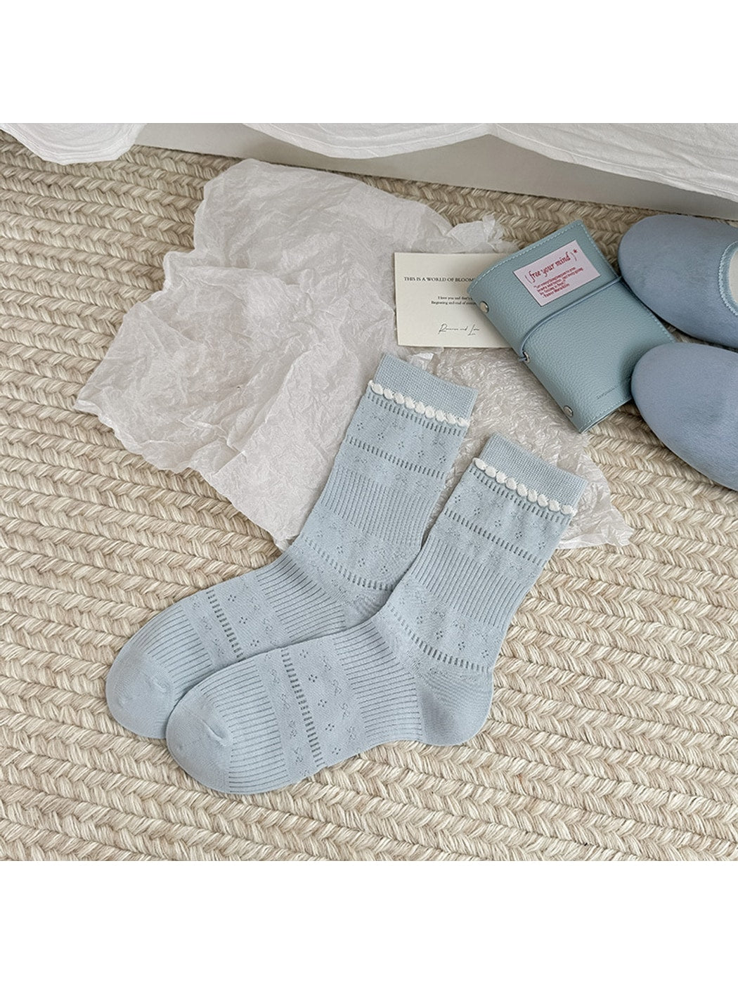 Rufia - Bow and Embroidery Detail Openwork Crew Socks
