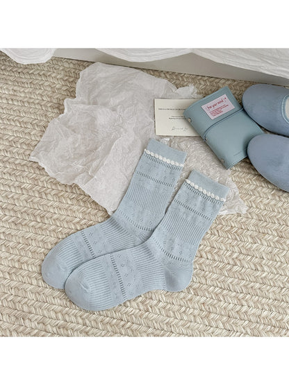 Rufia - Bow and Embroidery Detail Openwork Crew Socks