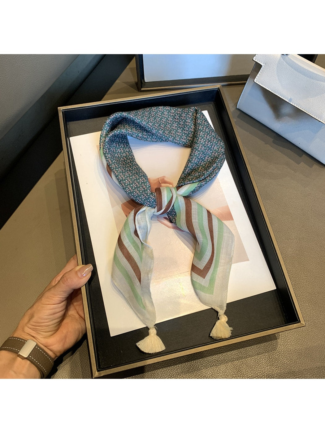 Scarvii - Multi-Tone Stripe Border Tassel Square Scarf