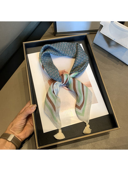 Scarvii - Multi-Tone Stripe Border Tassel Square Scarf