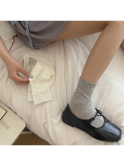 Rufia - Pointelle Ruffle Crew Socks with Ribbon Detail