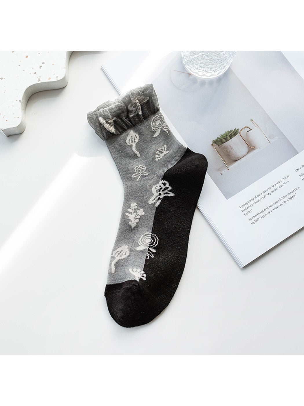 Rufia - Ruffle Cuff Floral Crew Socks
