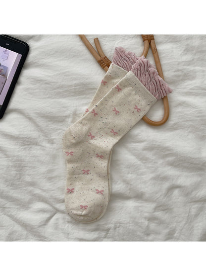 Rufia - Bow Pattern Ruffle Cuff Casual Crew Socks