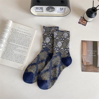 Rufia - Vintage Court Style Embossed Floral Mid-Calf Socks