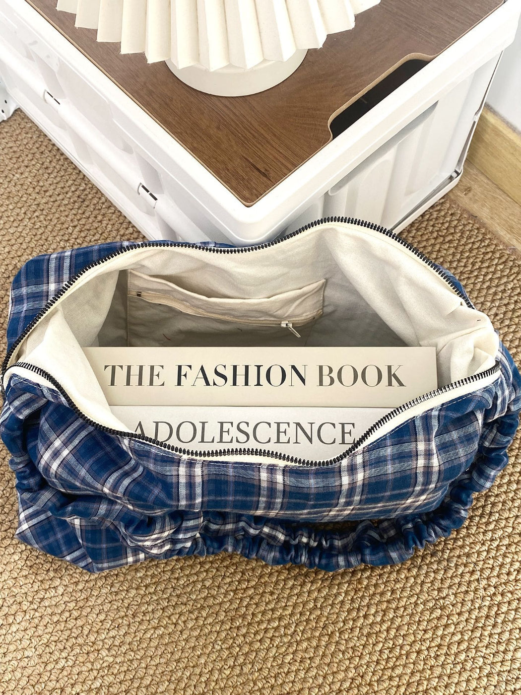 Cosbai plaid slouchy shoulder bag worn over shoulder on model