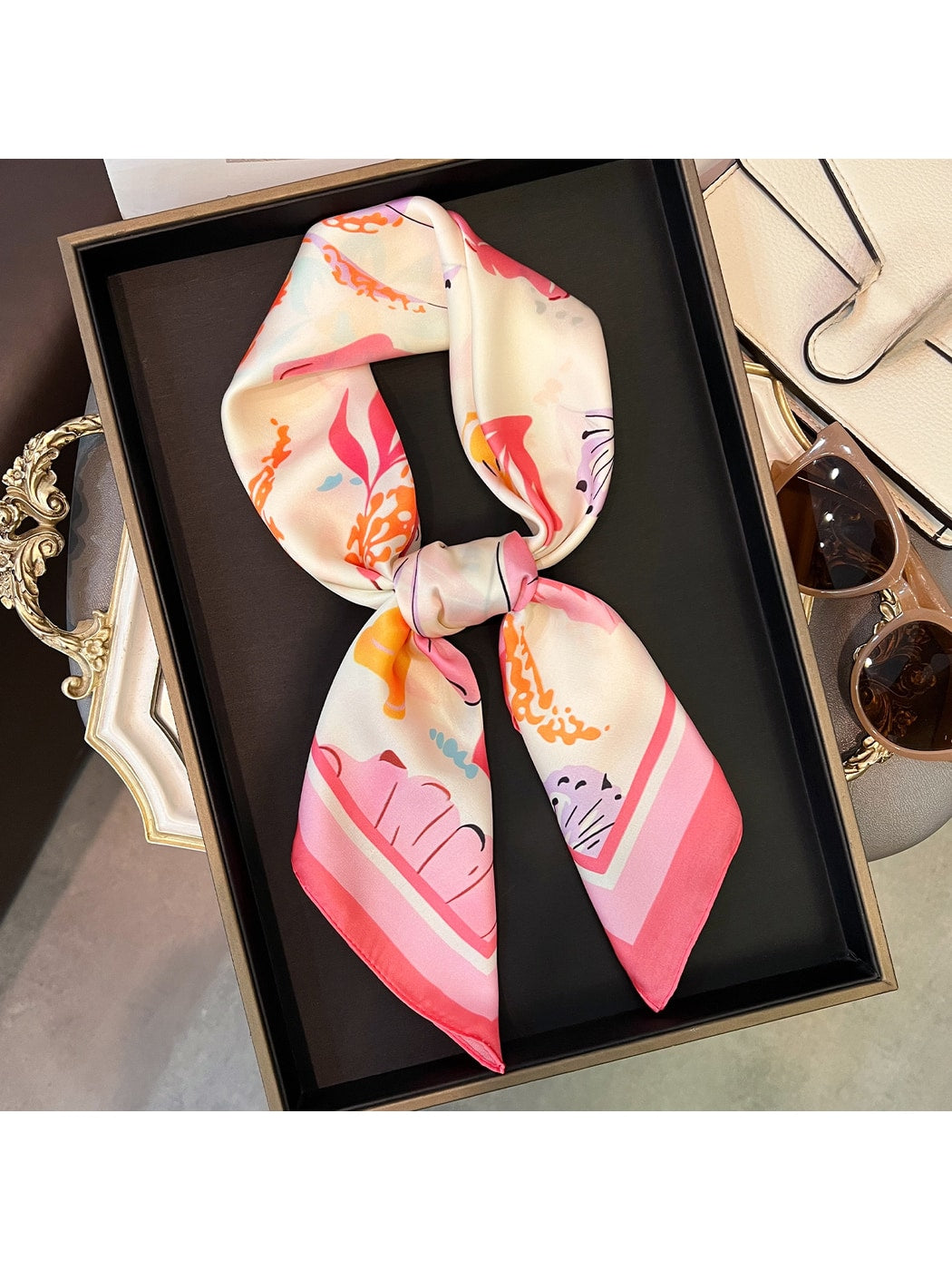 Scarvii - Printed Border Fashion Neck Square Scarf