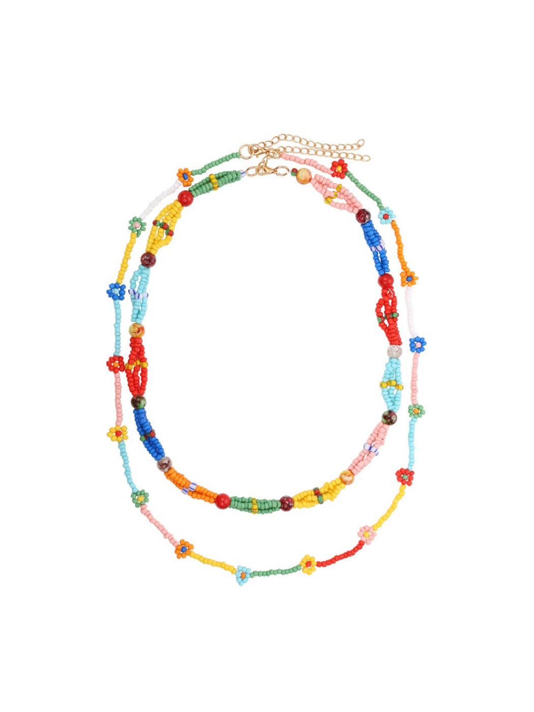 Neckit multi strand beaded necklace with floral detail displayed on a white background