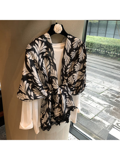 Scarvii - White Leaves Print Rectangular Scarf