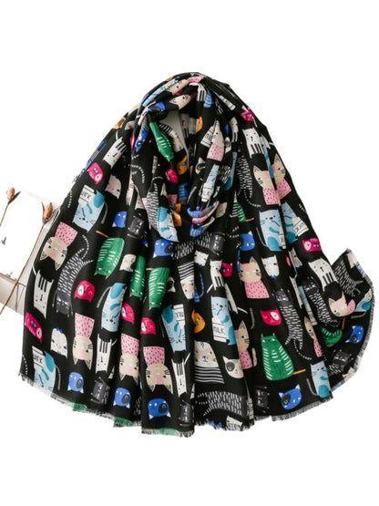 Scarvii colourful cat sketch scarf styled with casual outfit on model