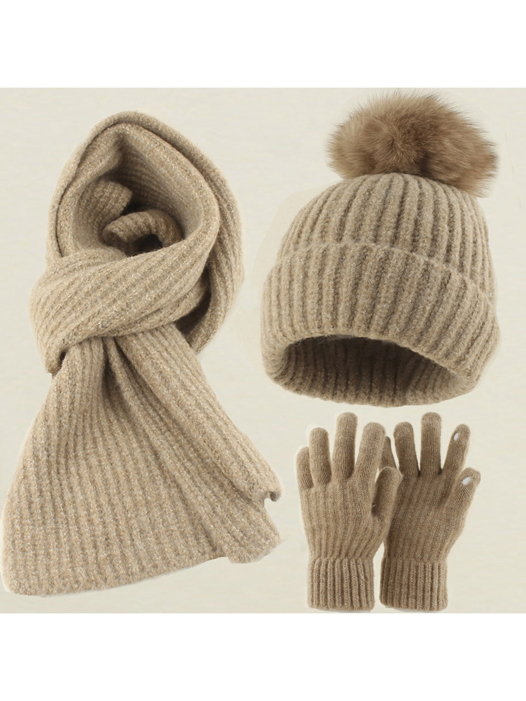 Haila - Round Crown Beanie, Scarf & Glove Set