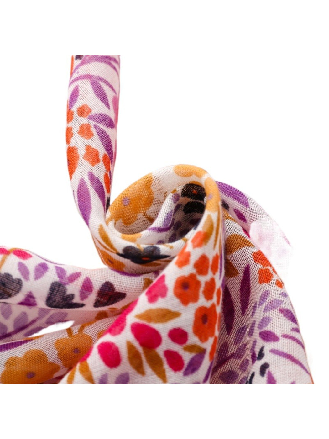 Scarf folded to show multicolor floral design and tassel edges