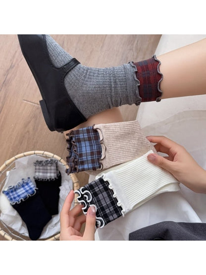 Rufia - Ruffled Edge Plaid Mid-Calf Winter Socks