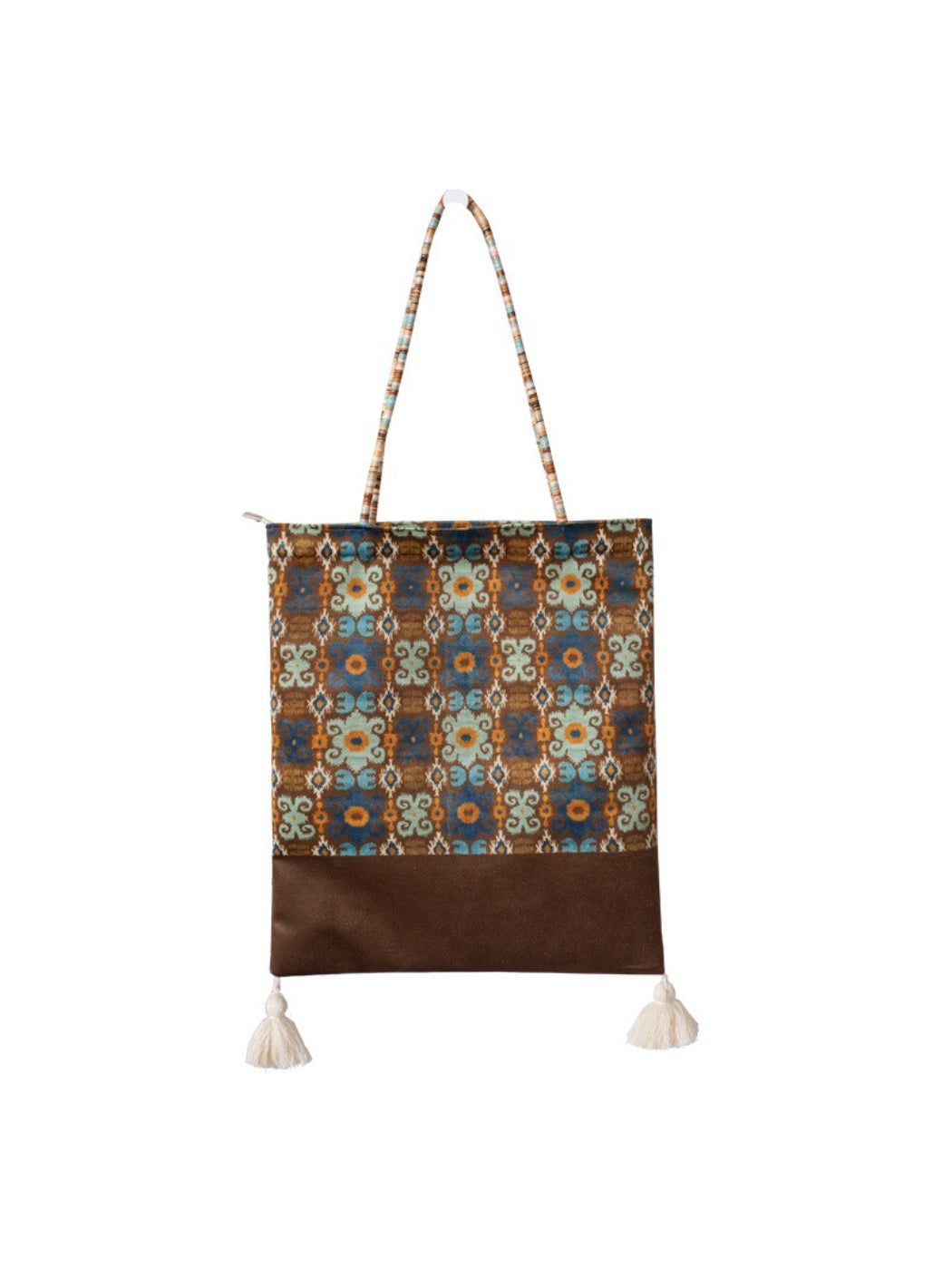 Cosbai Boho Ethnic Tassel Tote bag with ethnic print and tassels on white background