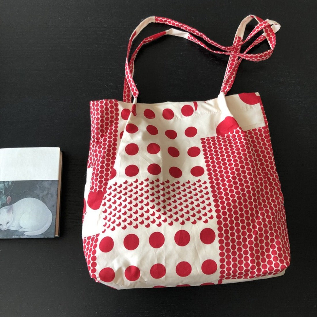 Close-up of Cosbai tote bag fabric texture and polka dot design