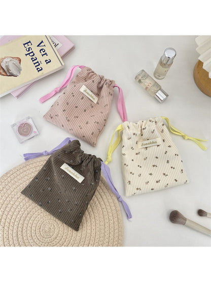 Cosbai - Corduroy Floral Drawstring Pouch