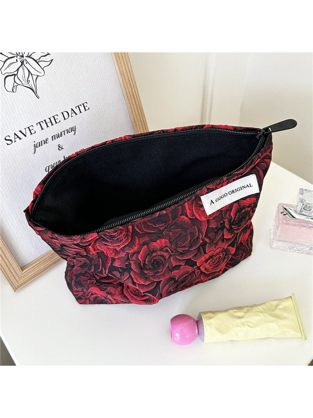 Cosbai - Rose Pattern Zipper Cosmetic Organizer Bag