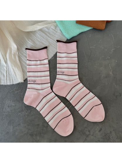 Rufia Classic Fine Stripe Crew Socks in packaging with brand label visible