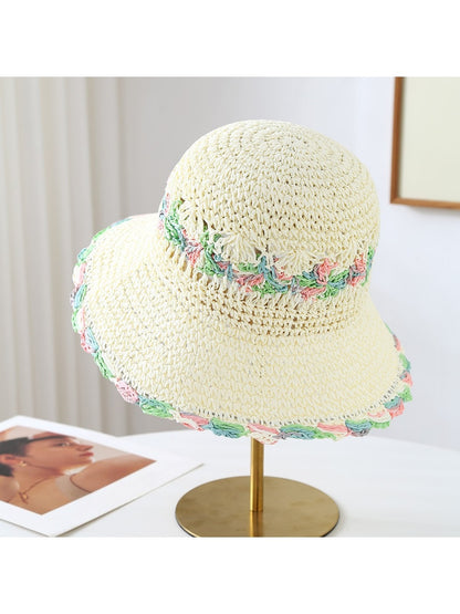Haila - Floral Trim Wide Brim Summer Sun Hat