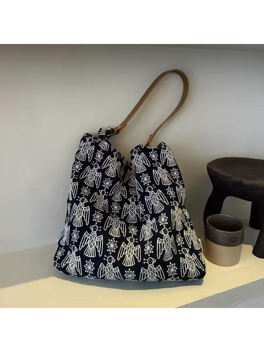 Cosbai - Bird Motif Embroidered Retro Tote Bag