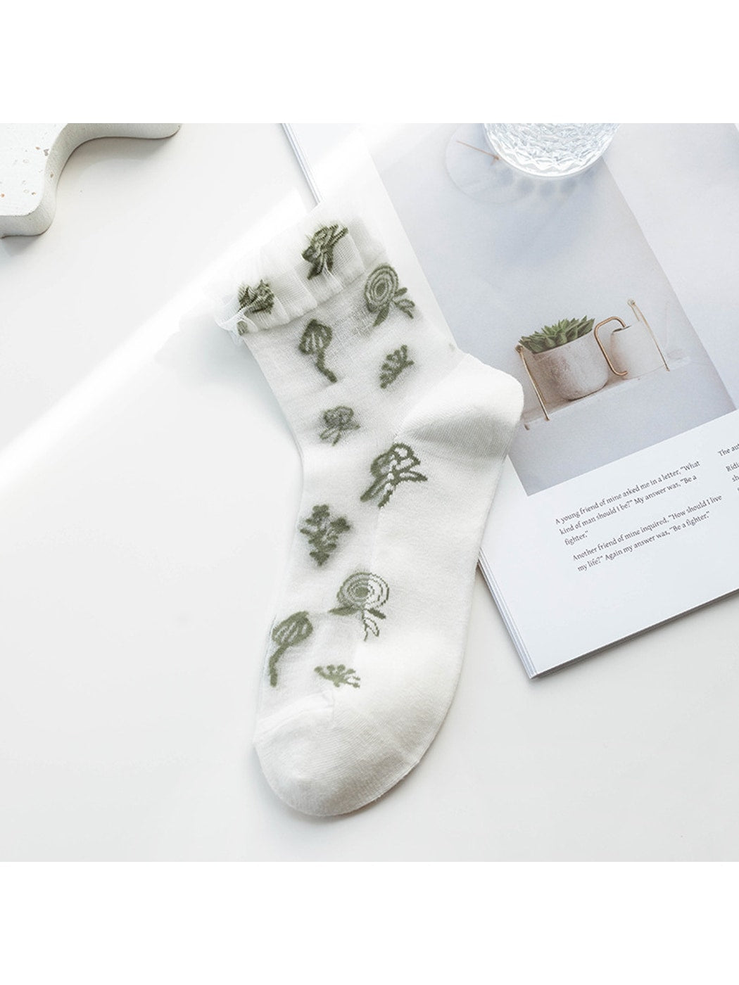 Rufia - Ruffle Cuff Floral Crew Socks