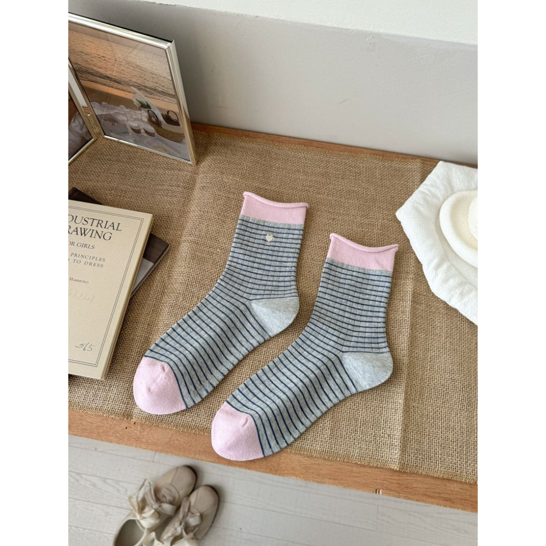 Rufia Everyday Stripe Heart Socks laid flat showing full length and colorful stripe design