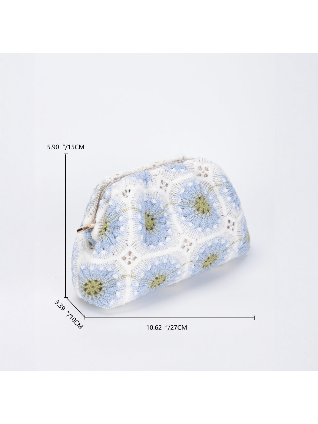 Close-up of crochet floral design on Cosbai makeup pouch showing detailed stitching