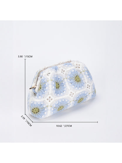 Close-up of crochet floral design on Cosbai makeup pouch showing detailed stitching
